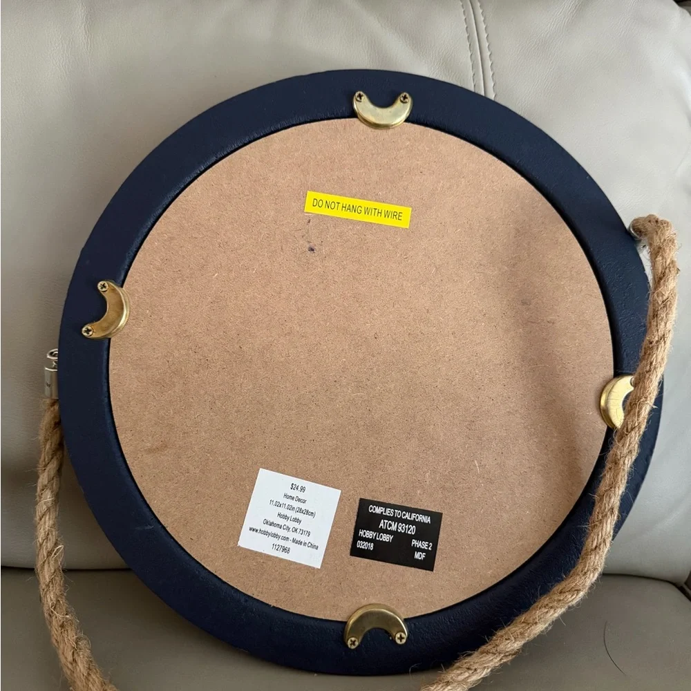 Nautical Blue Round Wall Mirror with Rope Hanger